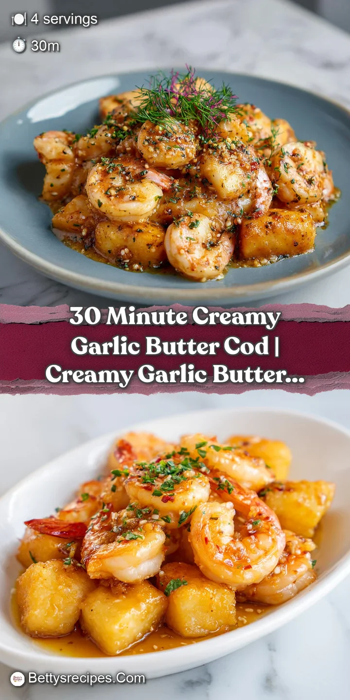 Close-up of flaky white fish drenched in a glossy garlic butter sauce with golden browned edges and melted butter drips.