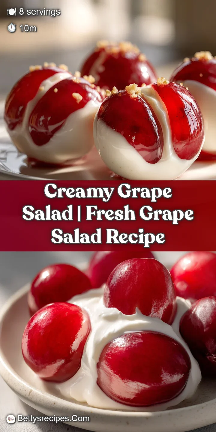 Close-up of plump, juicy grapes coated in a thick, creamy glaze with golden-brown nut crumbles and fresh greenery.
