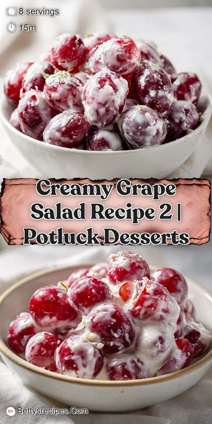 Close-up of glistening purple grapes enveloped in a rich, velvety cream sauce and topped with toasted nut crumbles.