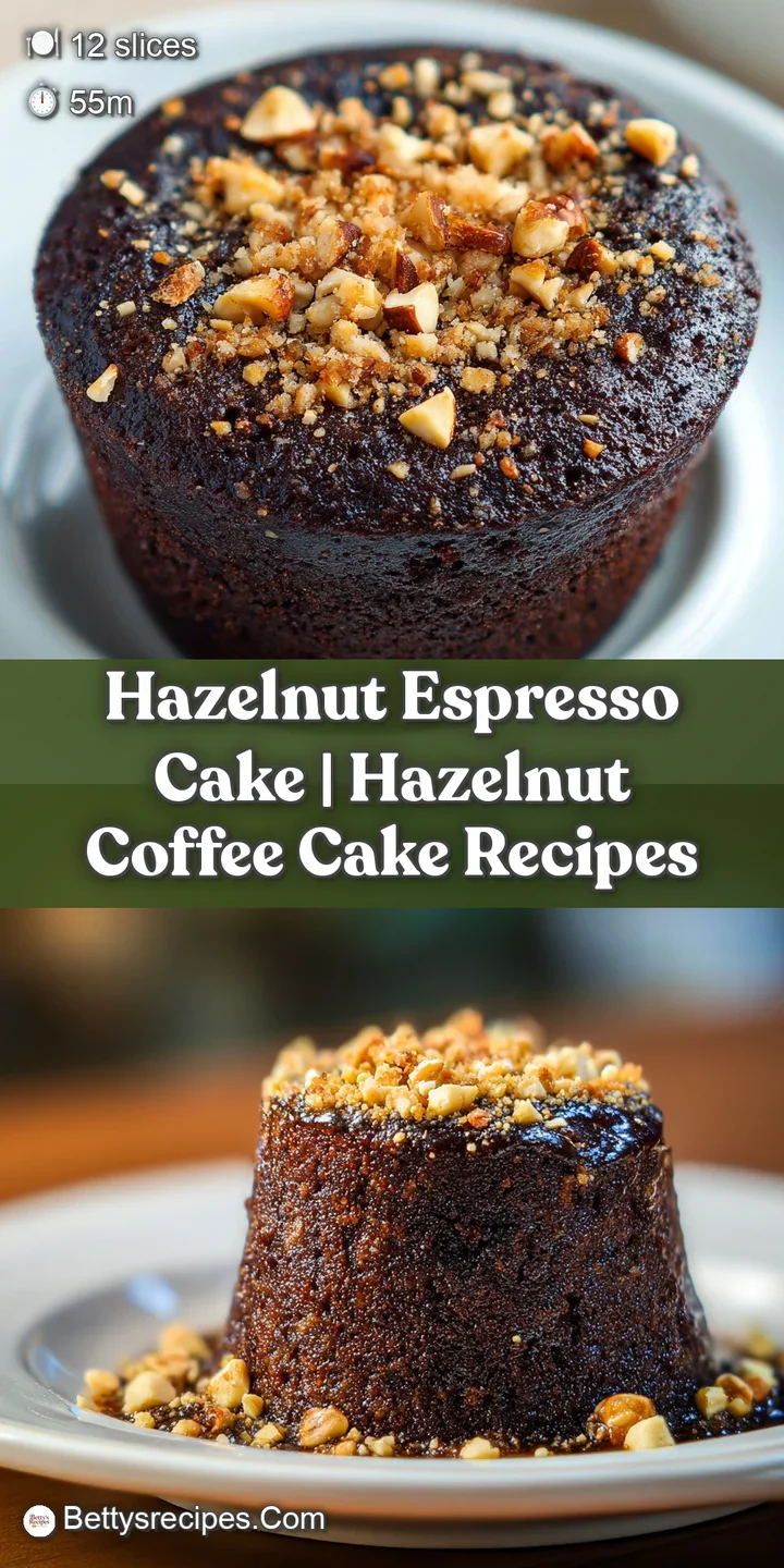 Close-up of a moist, dark brown cake crumb with crushed hazelnut bits and a smooth, glossy espresso-colored glaze.