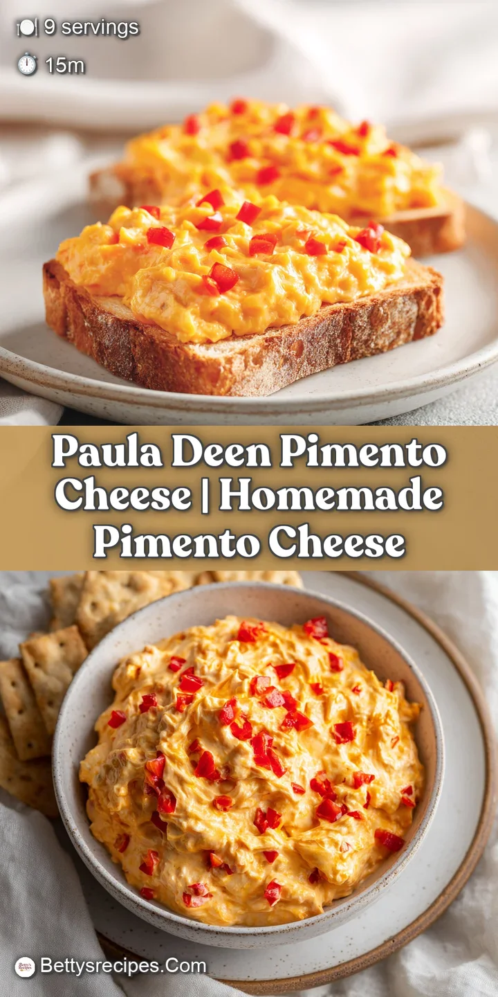 Close-up of rich, textured orange cheese spread with glossy red pimento pieces and a creamy, whipped consistency.