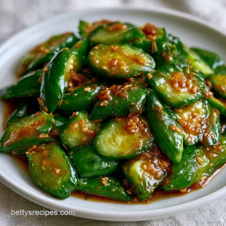 Crisp cucumber rounds arranged on a ceramic plate, drizzled with dark glaze and sprinkled with fresh green scallions.
