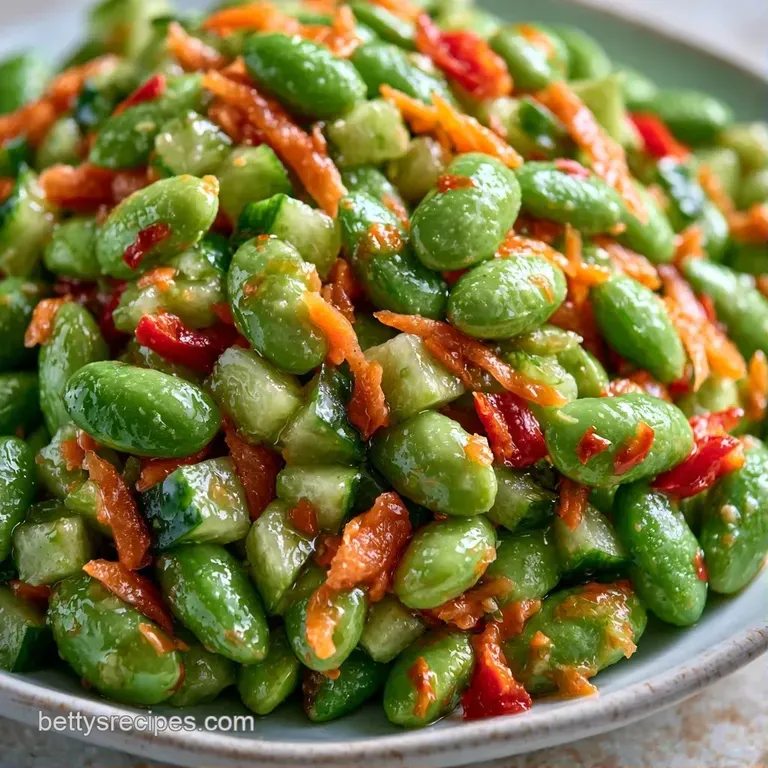 Vibrant green soybean salad served in a white ceramic bowl with a sprinkle of black sesame seeds on top.