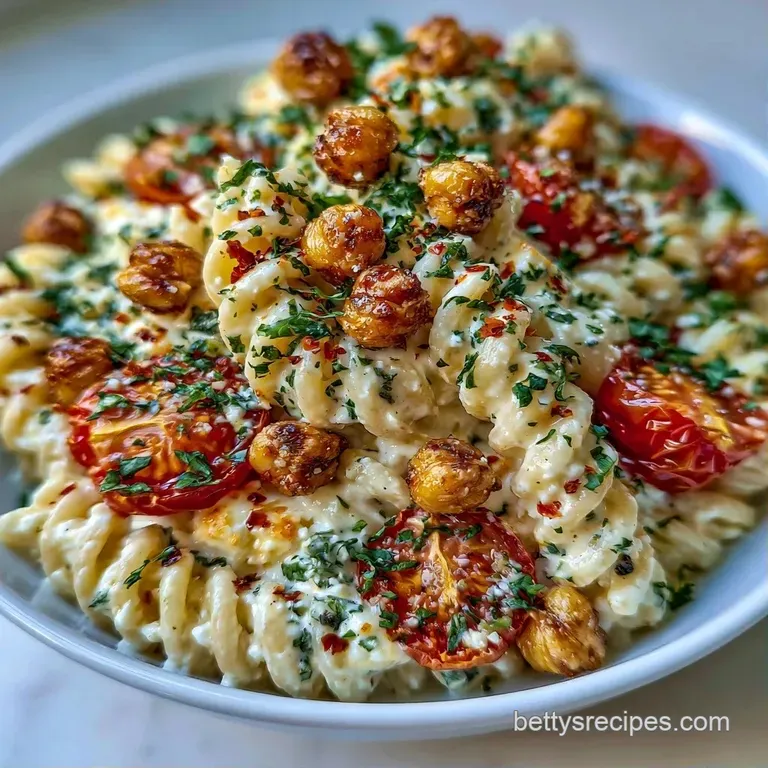 Elegant white bowl of creamy pasta and golden chickpeas, garnished with fresh green basil and burst cherry tomatoes.