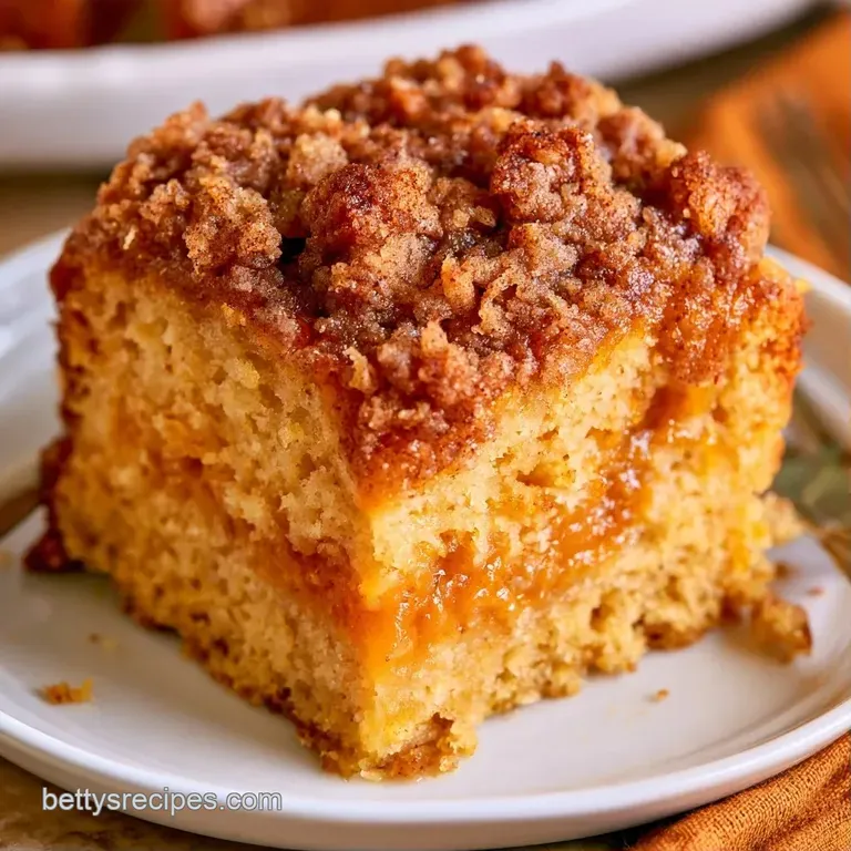 A thick slice of spiced orange cake on a ceramic plate, topped with golden crumbs and a drizzle of maple syrup.