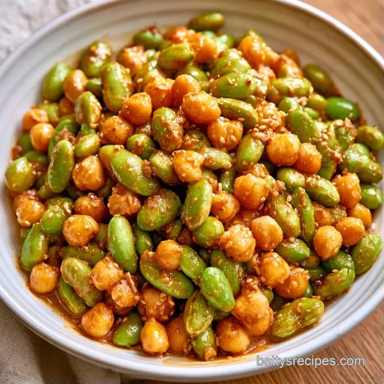 Colorful mix of green edamame, beige chickpeas, and diced red peppers served on a minimalist white ceramic platter.