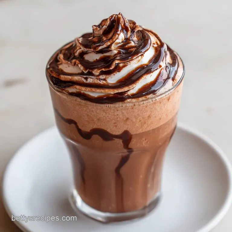 Tall frosted glass filled with an icy cocoa blend, topped with whipped cream and chocolate curls on a wooden tray.