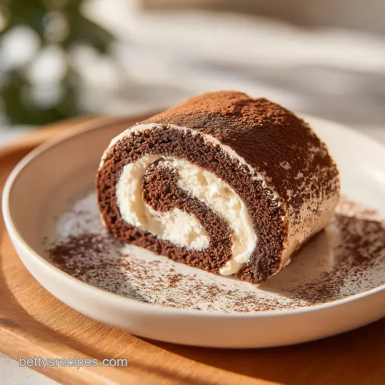 A slice of chocolate Swiss roll, showcasing delicate sponge and creamy filling, on a white plate.