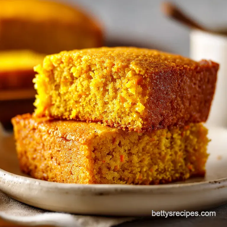 Square orange cake slices stacked on a white ceramic plate, finished with a swirl of frosting and a sprinkle of cinnamon.
