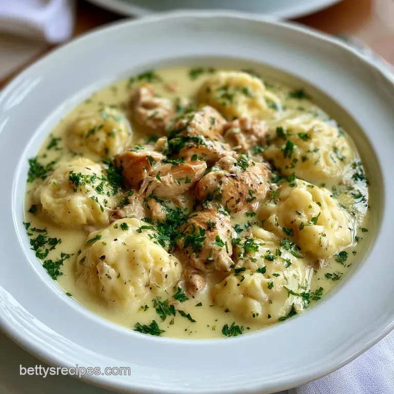 A wide ceramic bowl filled with creamy chicken stew and pillowy dumplings, garnished with fresh chopped parsley.