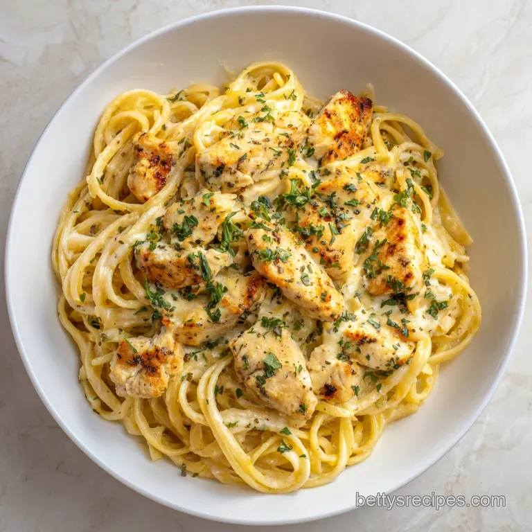 A perfectly portioned tangle of pasta, chicken, and sauce, artfully arranged with a sprinkle of cheese.