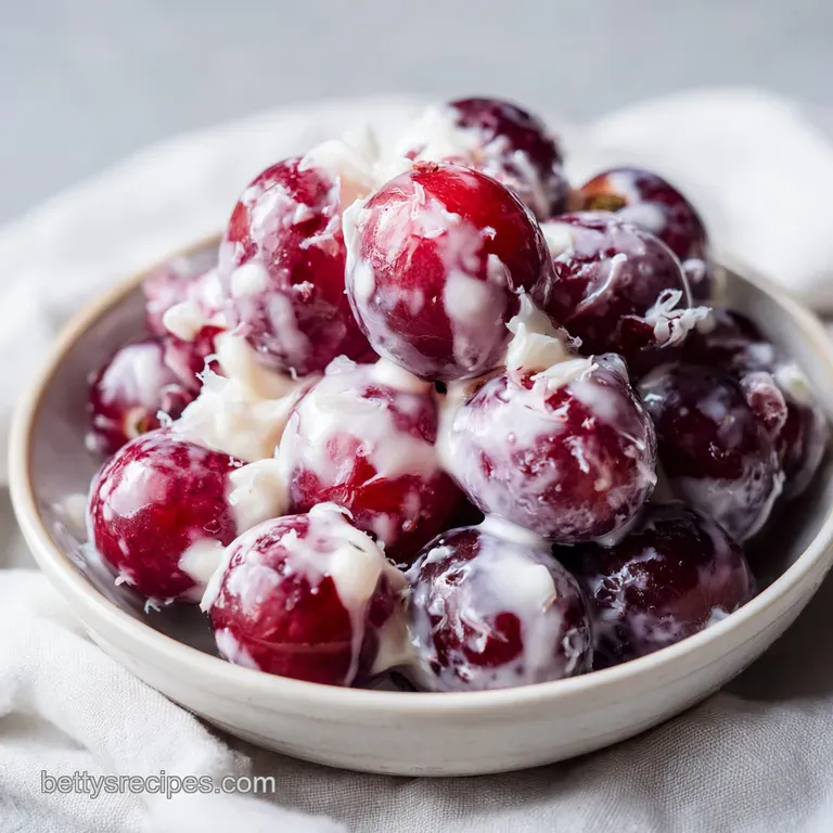 Lush red and green grapes coated in a thick, glossy cream served in a white porcelain bowl with a silver spoon.