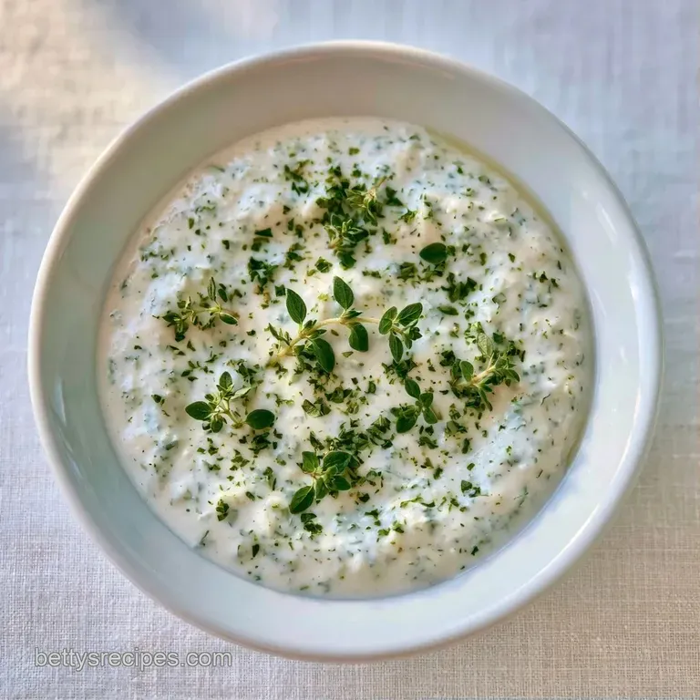 A small glass bowl of velvety white sauce garnished with chopped dill and a pinch of cracked black pepper on a linen cloth.