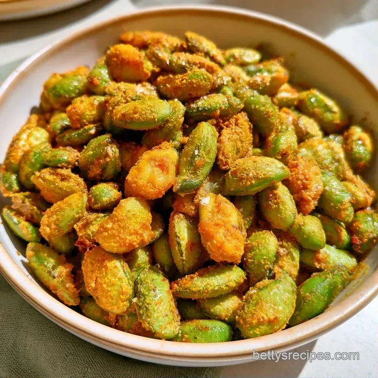 Toasted green soy beans elegantly piled in a white porcelain dish, garnished with fresh microgreens and chili oil.