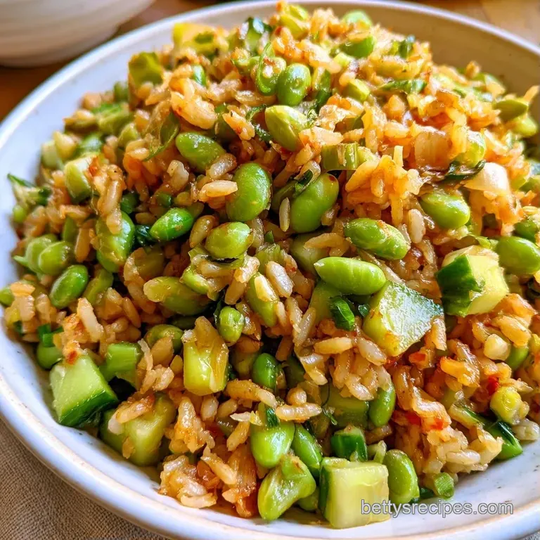 Vibrant green edamame and golden crispy rice cubes artfully arranged in a white bowl with a drizzle of creamy sauce.