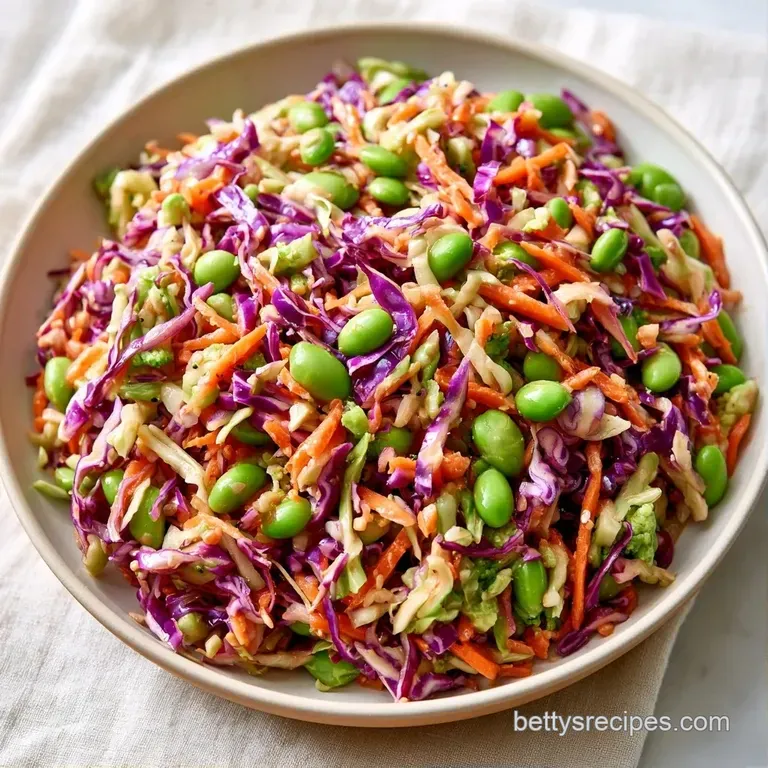 A vibrant mix of purple and green shredded vegetables in a ceramic bowl, topped with toasted sesame seeds