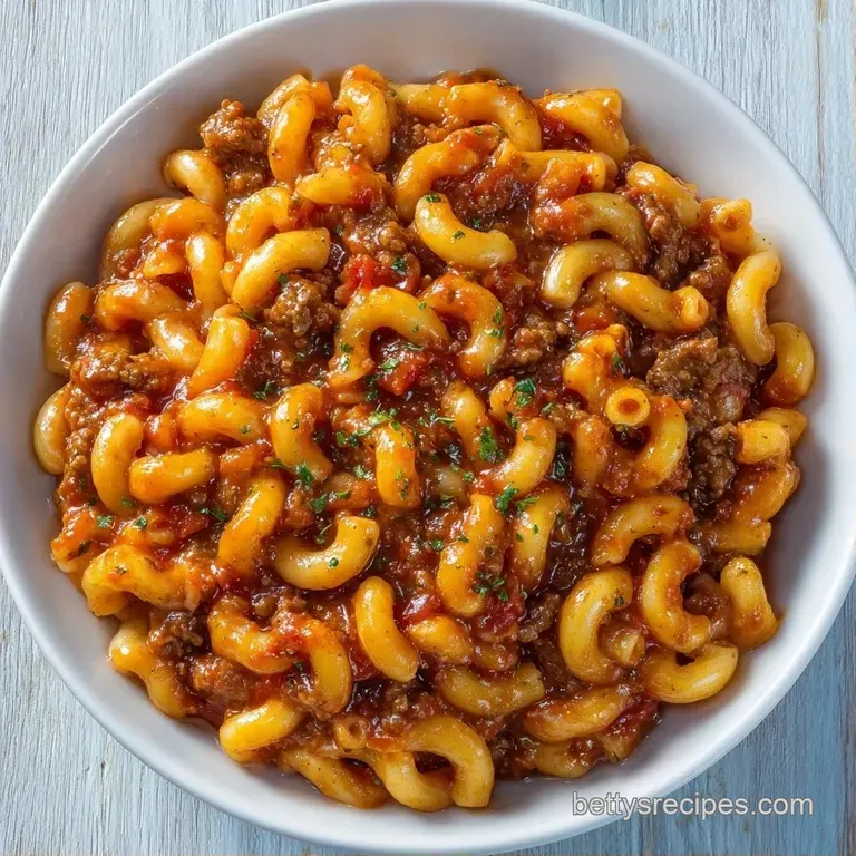 A ceramic bowl filled with cheesy beef pasta, garnished with fresh chopped parsley and a sprinkle of parmesan.