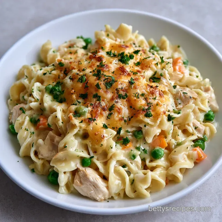 A portion of creamy pasta and chicken topped with melted cheese, served on a matte grey plate with fresh parsley.