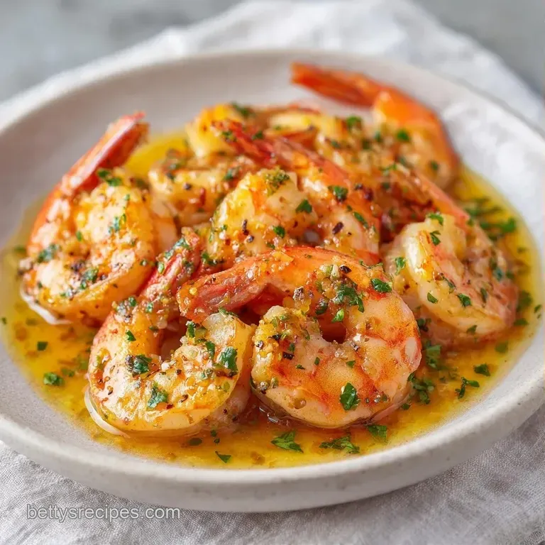 A white ceramic plate featuring succulent pink shrimp and al dente pasta topped with a bright lemon wedge and herbs.