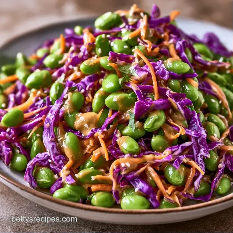 Colorful mix of green edamame, orange carrots, and purple cabbage served in a clear glass meal prep container.