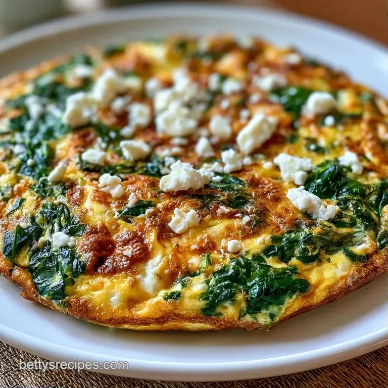A thick slice of fluffy yellow egg bake with wilted greens and salty white feta on a minimalist ceramic plate.
