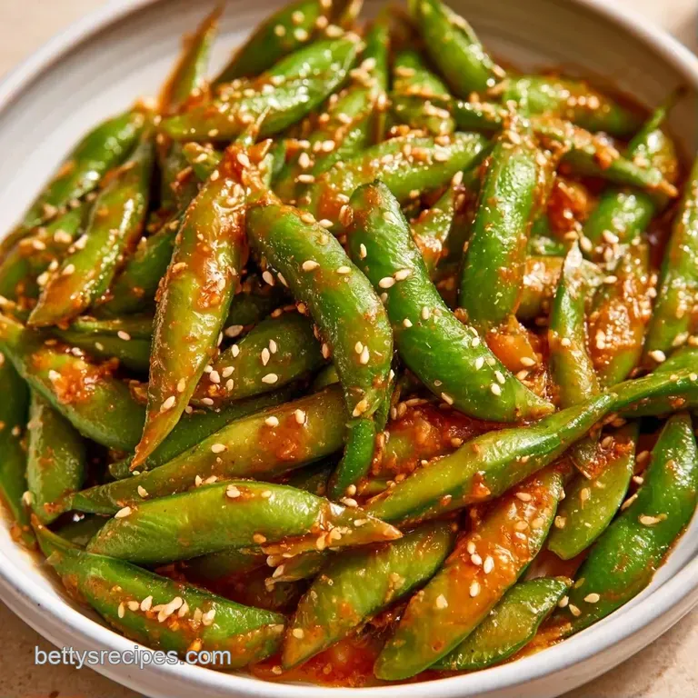 A minimalist white plate featuring bright green pods drizzled with golden oil and sprinkled with ivory sesame seeds.