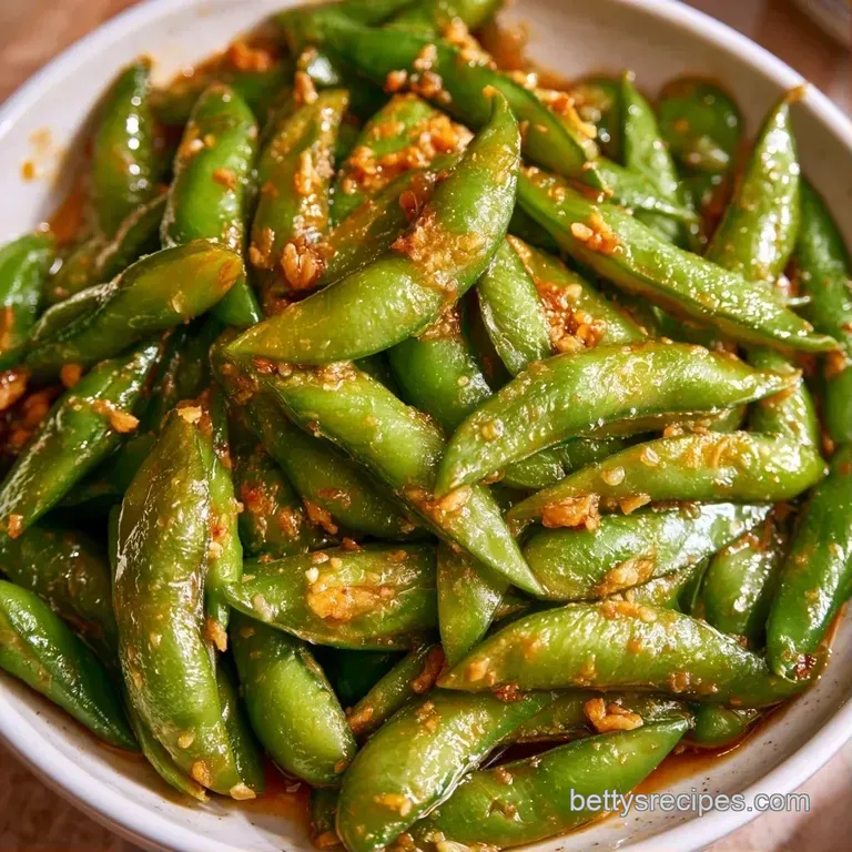 Bright green soybean pods arranged neatly on a slate platter, garnished with black sesame seeds and sea salt.