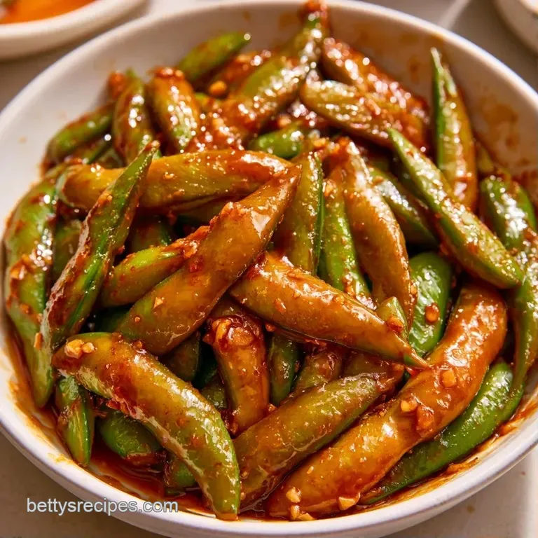 Vibrant green soy pods in a dark ceramic bowl, glistening with sticky sauce and garnished with sliced scallions.