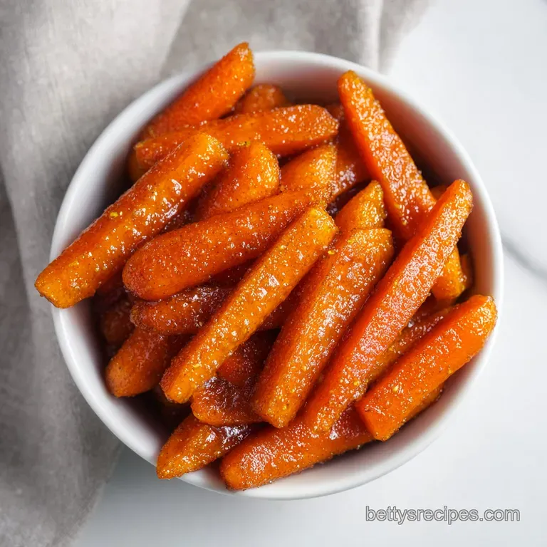Vibrant orange carrots glistening with a sticky syrup, neatly arranged on a white ceramic plate with a parsley sprig.