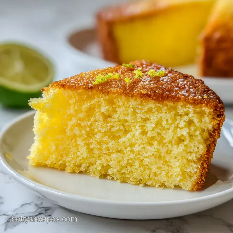 A slice of moist, pale yellow cake on a white plate, topped with a swirl of cream and a fresh mint leaf garnish