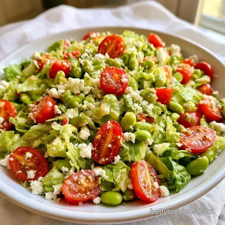 Vibrant mix of diced vegetables and bright green soy beans topped with a thick slab of feta on a white ceramic plate.