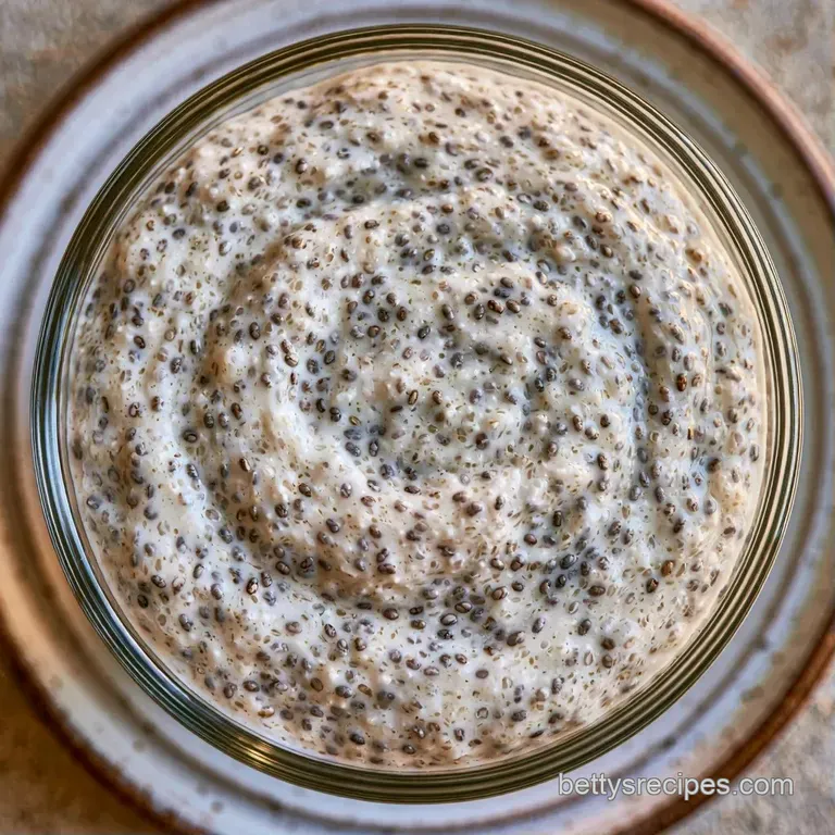 Row of clear glass jars filled with creamy seed-flecked pudding and topped with sliced strawberries and almonds.