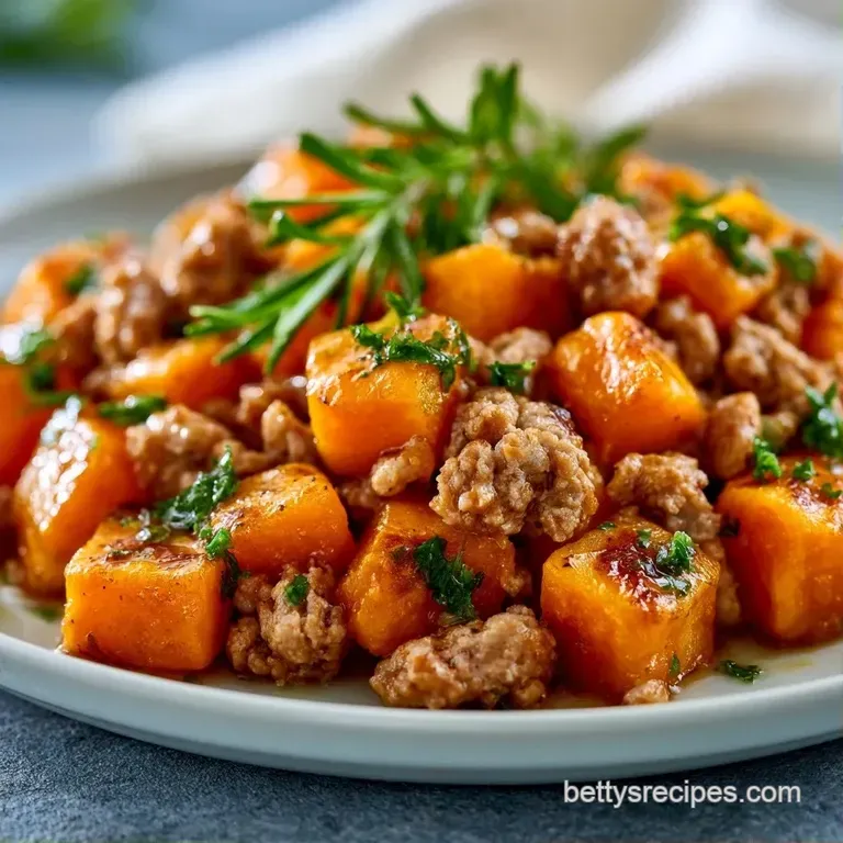 Elegant white plate with a heap of roasted orange root vegetables and seasoned browned meat, finished with fresh herbs.