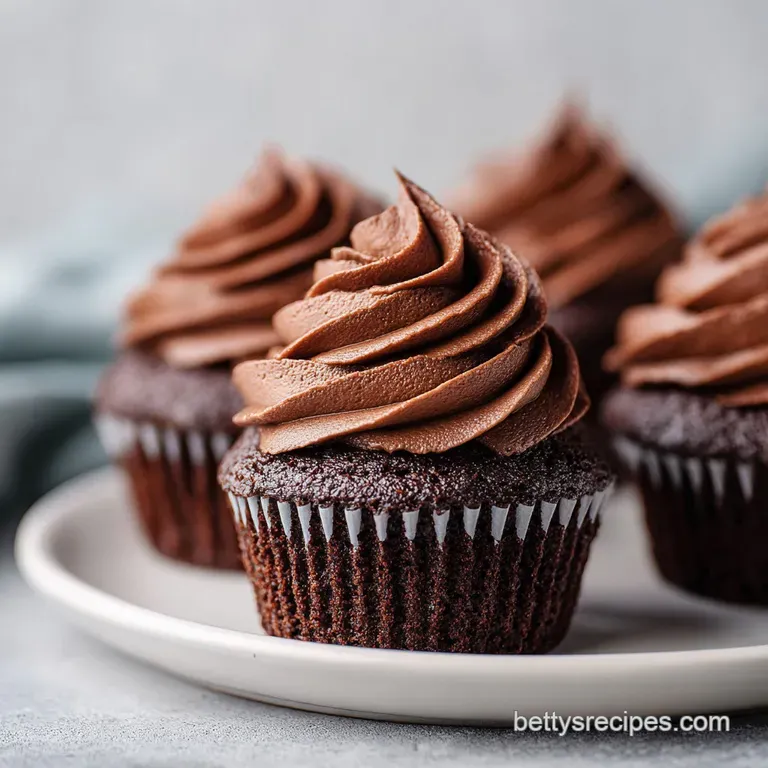 Three dark cocoa cakes on a white marble platter, topped with swirls of frosting and a light dusting of cocoa powder.