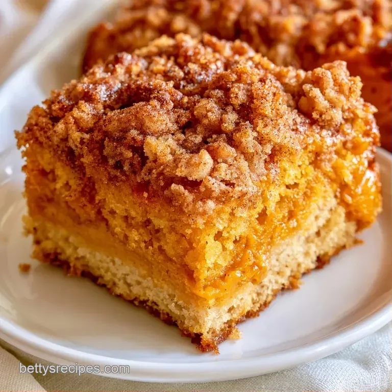 A thick slice of orange spiced cake on a ceramic plate beside a steaming cup of coffee and a linen napkin.