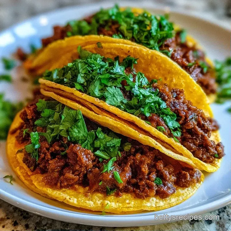 Four loaded tacos on a platter topped with diced tomatoes and cilantro, served with lime wedges and sour cream.