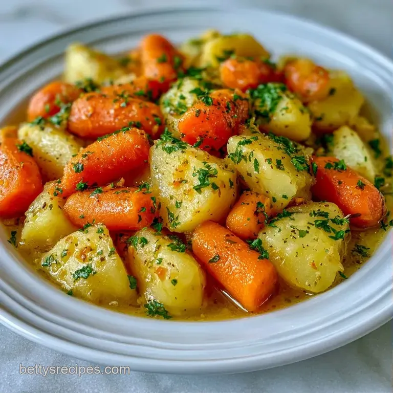 A rustic ceramic bowl of steaming, colorful root vegetables and greens garnished with parsley on a wooden table.
