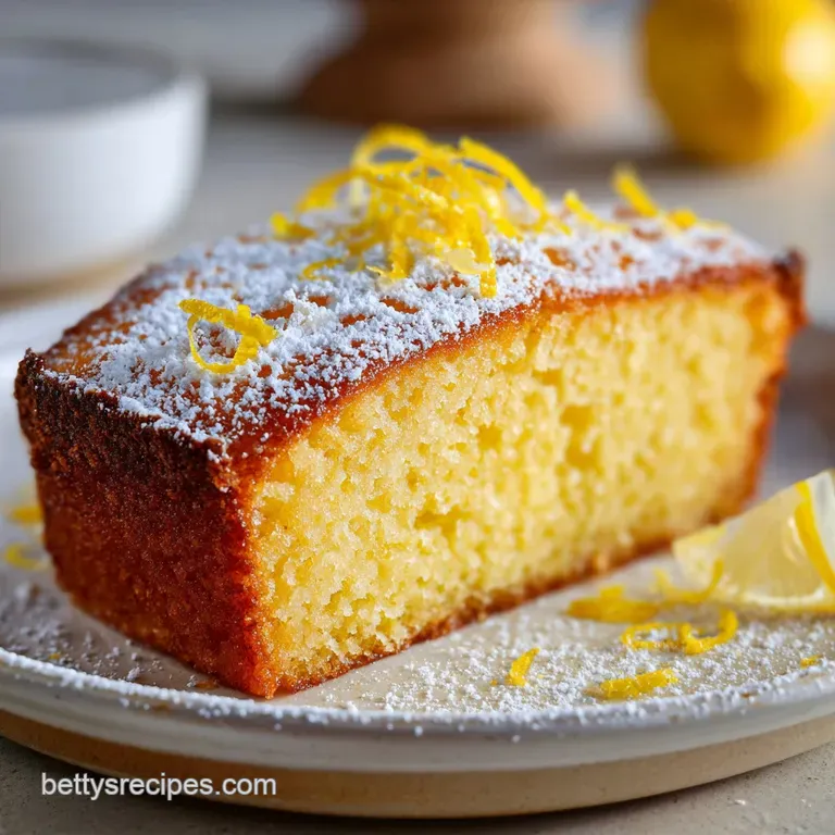 Slice of creamy yellow cake on a ceramic plate, garnished with a fresh lemon slice and a sprig of mint.