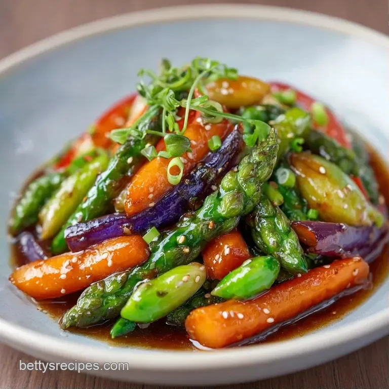 A sleek white bowl filled with glossy, colorful stir-fried vegetables topped with a sprinkle of toasted sesame seeds.