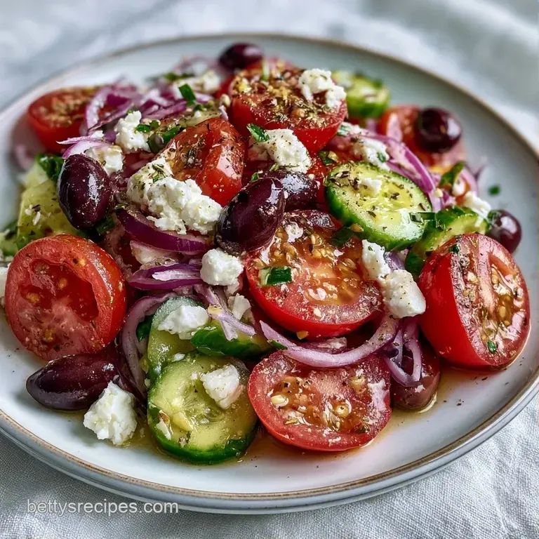 Fresh chunks of cucumber and tomato tossed with salty feta, served in a shallow bowl with a sprig of fresh parsley.