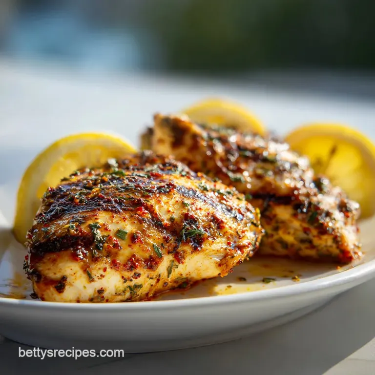A bright, overhead view of tender chicken skewers artfully arranged with fresh greens and a lemon wedge.