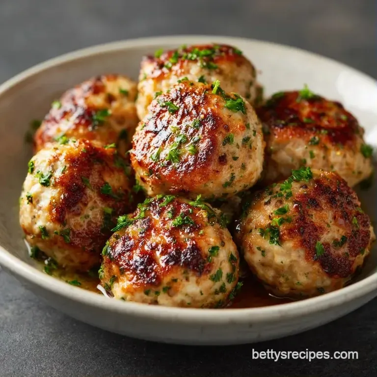 Three golden-brown meatballs resting on a bed of fluffy white rice, drizzled with a shimmering savory sauce.