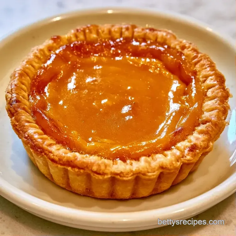 Small orange custard tarts arranged on a white platter with swirls of white cream and a dusting of warm cinnamon.