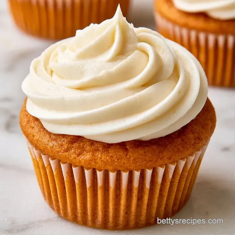 Orange-hued cakes with piped white swirls on a white ceramic stand, accented by miniature rustic pumpkins.