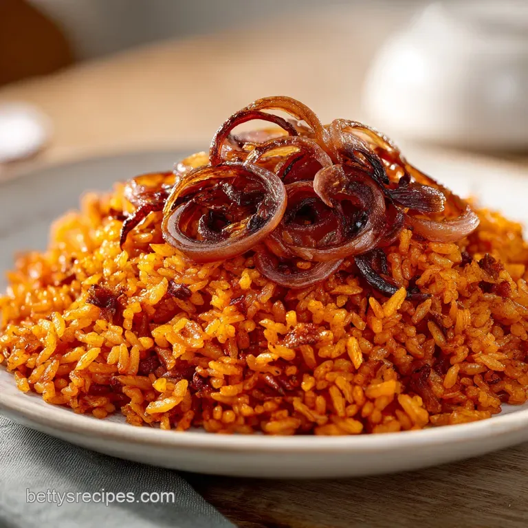 A neat mound of reddish-orange rice on a white plate, paired with golden fried plantains and charred chicken.