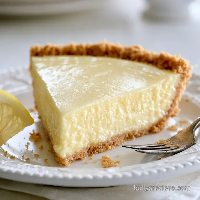 A slice of pale yellow citrus tart on a white plate, topped with a swirl of cream and a small mint leaf garnish.