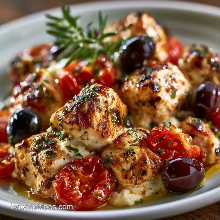 Elegant plating of seared chicken and melted white cheese accented by vibrant roasted tomatoes and fresh herbs.