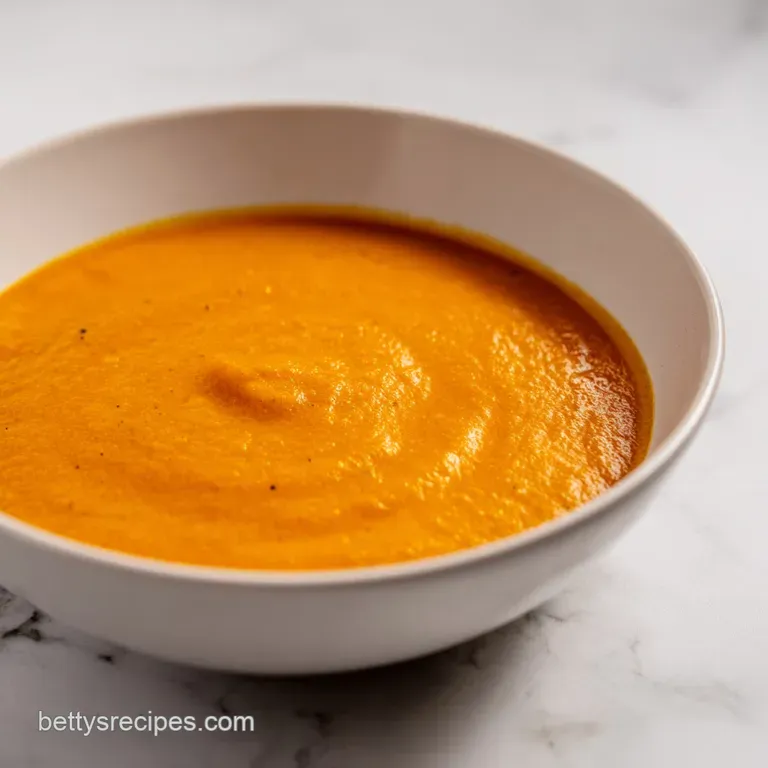 Vibrant orange cream soup in a rustic ceramic bowl served with a slice of toasted, buttery sourdough bread.