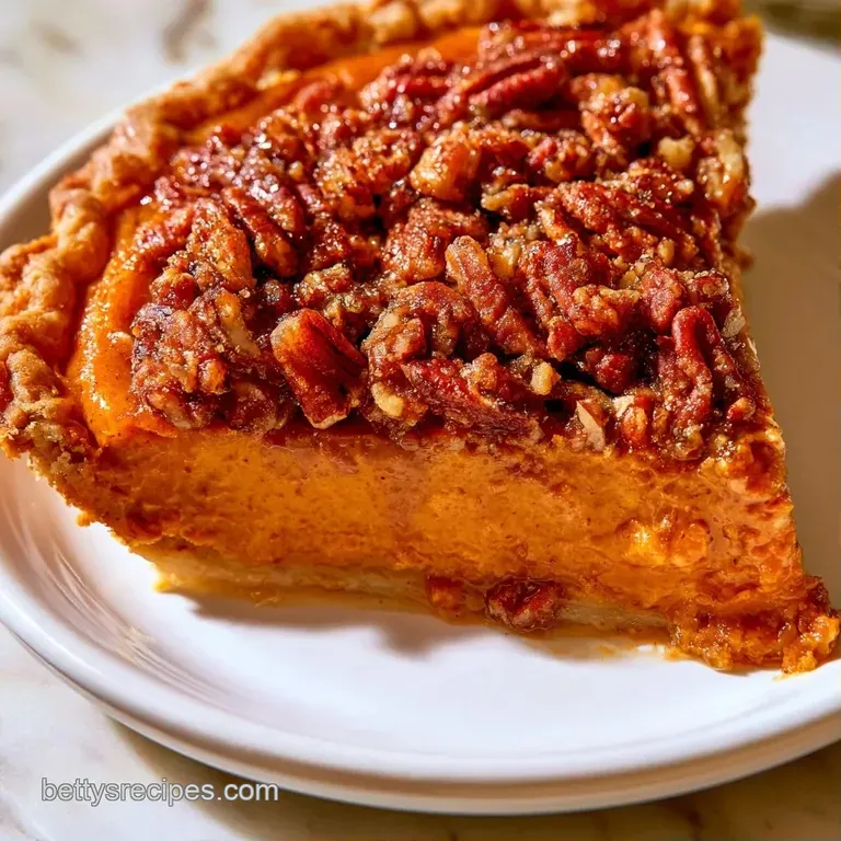 A slice of creamy orange pie with a toasted nut topping on a white plate, finished with a swirl of white cream.