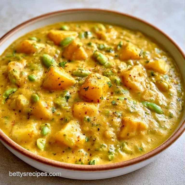 A white ceramic bowl of golden-yellow curry, topped with fresh cilantro and a swirl of thick white coconut cream.